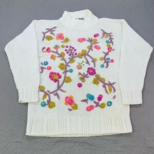 Next Issue Sweater Womens Medium Floral Crewel Embroidered Knit Ramie Mock‎ Neck